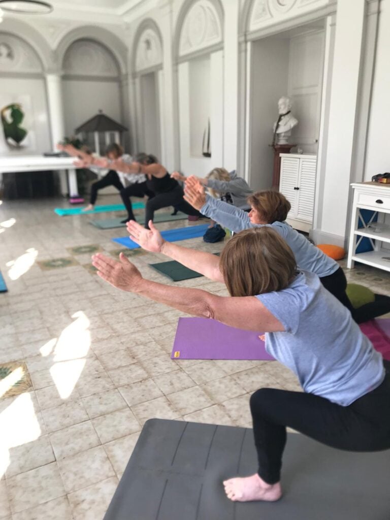 Photo d'un cours de yoga représentant des yogis entrain de pratiquer des asanas lors d'un stage yoga au Plessis Grimaud