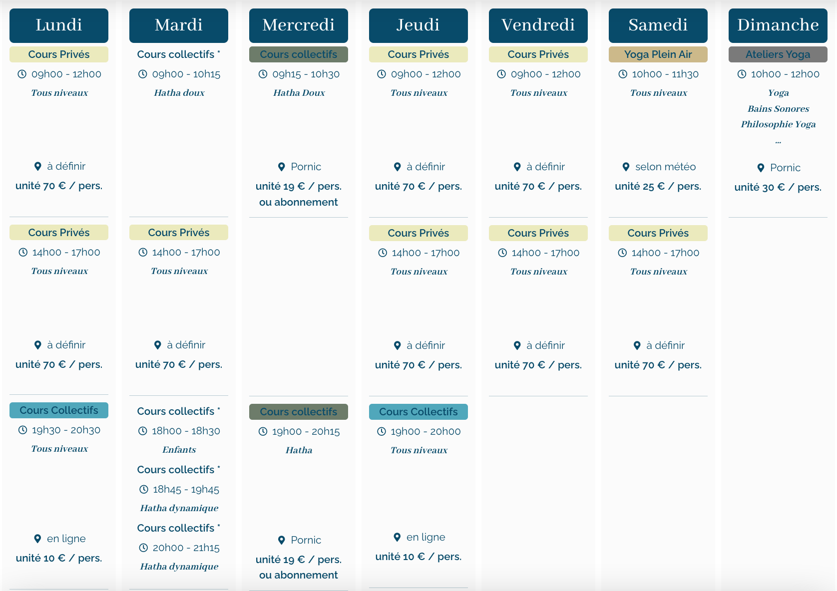 Image représentant le planning des cours dispensés par Gwladys pour la saison 2025-2026