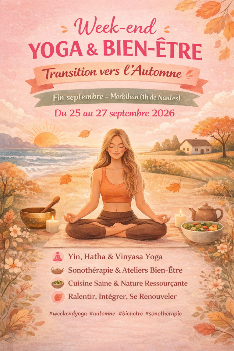 Affiche aux couleurs pastels de la retraite yoga et bien être "transition vers l'atuomne" qui rpésente une femme en position de méditation dans un paysage champêtre, de face, et entourée de bols de sonothérapie.