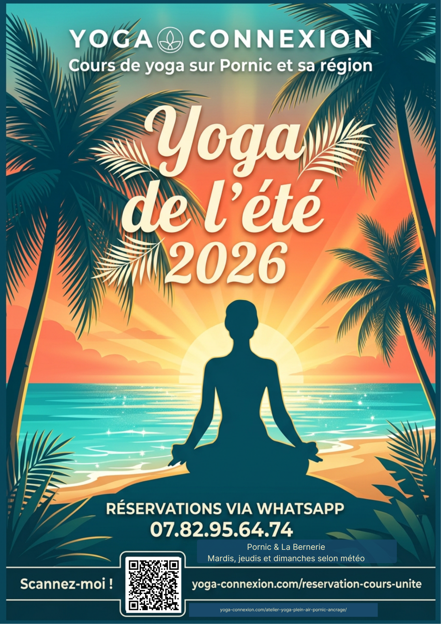 Affiche dessinée aux tons pastels représentant une femme de dos assise en tailleur sur une plage bordée de palmiers, devant un coucher de soleil.